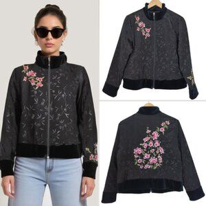 Susan Bristol Black Floral Embroidered Retro Bomber Spring Jacket